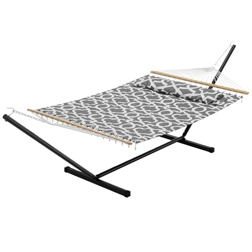 Double Hammock with Stand for 2 Person, Outdoor Freestanding Hammock Bed with 475lb Capacity - Heavy Duty Steel Frame, Quilted Pillow & Portable Carry Bag, Easy Assembly, Light Gray - color: Light Gray - Widened