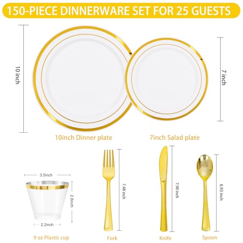 150 PCS Gold Disposable Dinnerware Set for 25 Guests, Gold and White Plastic Plates for Party, 25 Dinner & Salad Plates, 25 Cups, 25 Forks Knives Spoons for Wedding and Party Supplies - color: Gold, size: 25 Guests