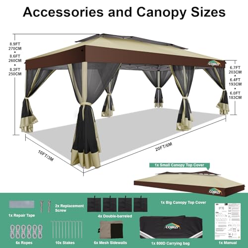 COBIZI 10x20 Pop up Gazebo, One-Push Setup Canopy Tent with Mosquito Netting & Vented Roof Design, Upgrade Metal Easy up Canopy Carpa Outdoor Gazebos for Backyard Camping Deck Party(Khaki & Brown) - color: Khaki & Brown, size: 10x20 FT Upgraded