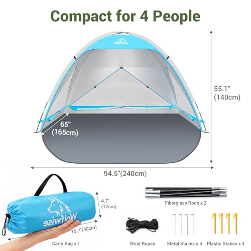 Wolfwise Large Beach Tent Sun Shelter for 3-4 Person, Spacious Sun Shade UPF 50+ UV Protection, Extendable Floor for Privacy, 3 Ventilated Mesh Windows, Portable with Carrying Bag, 95 ″x65″x55″, Blue - color: Blue