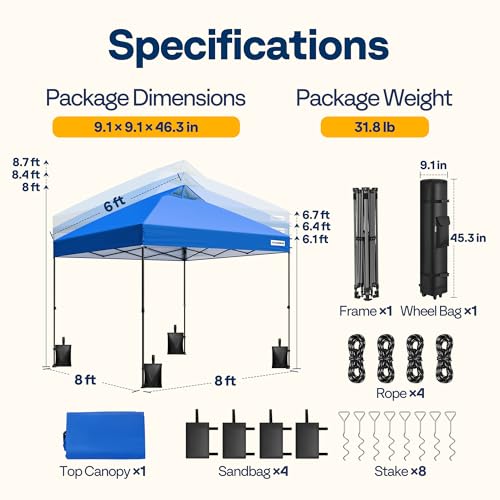 VIVOHOME 8x8ft Pop Up Canopy Tent One Push Setup Outdoor Portable Shelter Tent Heavy Duty with Wheel Carry Bag and 4 Sandbags, Blue - color: Blue, size: 8x8 ft