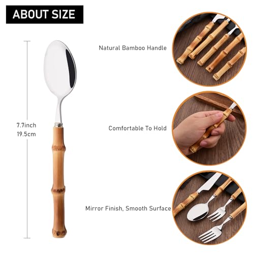 8-Piece Bamboo Handle Dinner Spoon Set, Stainless Steel Spoons for Kitchen Home and Restaurant, Mirror Polished, 8.03 inch - color: 8-Piece Dinner Spoon