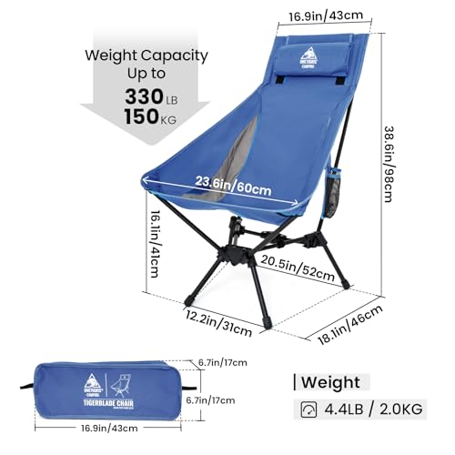 ONETIGRIS Tigerblade High Back Camping Chair with Pillow Design, Comfortable Widened Seat Folding Chair - color: Blue