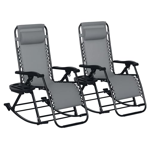 Outsunny Set of 2 Outdoor Rocking Chairs, Foldable Reclining Zero Gravity Lounge Rocker with Pillow, Cup & Phone Holder, Combo Design with Folding Legs, Gray - color: Grey, size: 2 Packs