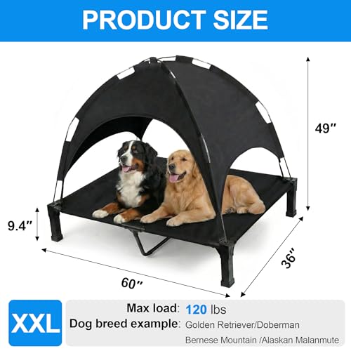 Elevated Dog Bed with Canopy Raised Pet Cot for Large Dogs, Outdoor Dog Cot with Removable Sun Shade Tent, Breathable Mesh Portable Dogs Cot for Camping, Beach, Backyard, Outdoor Use - color: Black, size: 60"L x 36"W x 49"H