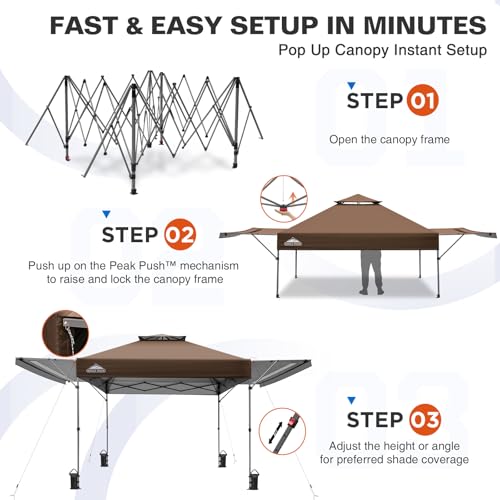 EAGLE PEAK 17x10 Pop up Gazebo Canopy Tent Outdoor Instant Canopy Shelter with Adjustable Dual Half Awnings (Brown) - color: Brown
