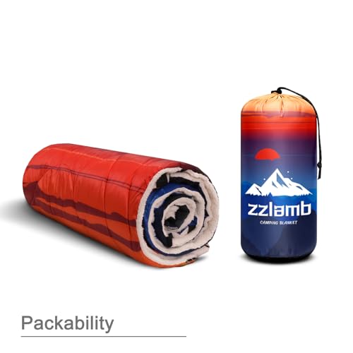 zzlamb Outdoor Camping Blanket with Sherpa Lining,Puffy Thick Camp Quilt for Sleeping,Packable Warm Wearable Fleece Blankets for Cold Weather,Traveling,Backpacking,Picnics,Beach,Stadium 52x75in - color: Blue Mountain With Red Sun
