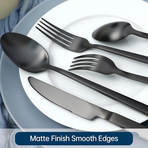 Silverware Set 40-Piece Hand Forged 18/10 Stainless Steel Black Cutlery, Matte Polished Cuboid Handle Flatware Sets, Service for 8 - color: Matte Black