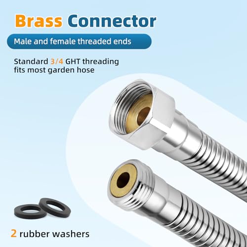 Hibbent All Metal Garden Hose Protector, Stainless Steel Flexible Hose Extension Adapter with 3/4" Female to Male Brass Connector, Anti-twist Hose Extender for Garden, Car Wash, Outdoor Faucet, Chrome