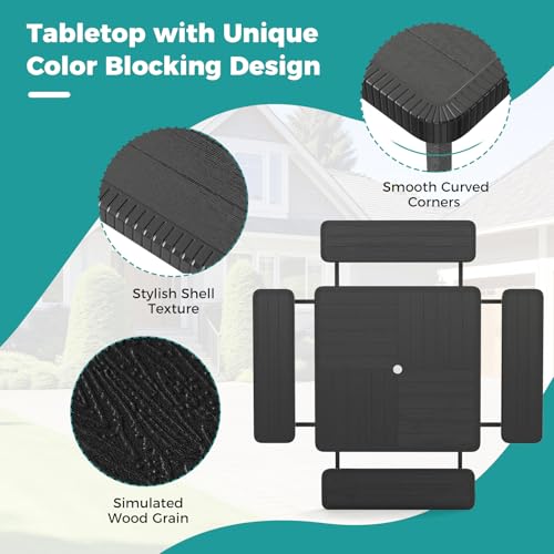Byroce Outdoor Picnic Table for 4-8 Person, HDPE Picnic Camping Table Set with 4 Benches, Umbrella Hole & Metal Frame, Heavy Duty Square Dining Table Chairs for BBQ in Patio, Yard & Poolside (Black) - color: Black