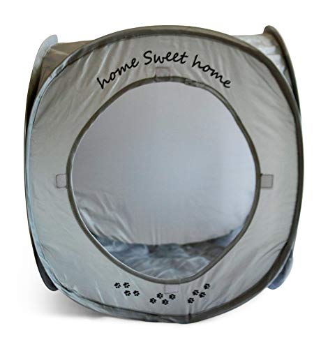 Feline Ruff Home Sweet Home Pop Up Cat Cube. A Collapsible Indoor Cat House. Covered Pet Bed Hideaway Cave for Dogs and Other Pets Too. (Pop Up Cube- Gray)
