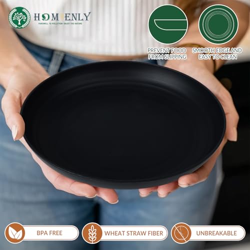 Homienly Wheat Straw Plates Unbreakable Deep Dessert Plates Set of 8 Plastic Plates Reusable Microwave Safe Plate for Kitchen Camping Party Dishwasher Safe Stackable Appetizer Plates (8in, Black) - color: Black, size: 8 inch