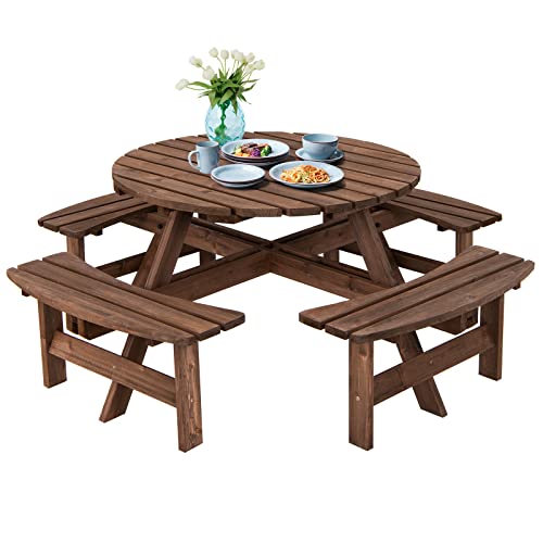 Giantex Wooden Picnic Table Set with Wood Bench, 4 Adults or 8 Kids Outdoor Round Table with Umbrella Hold Design, Perfect for Outdoor Garden Yard Pub Beer Dining, Dark Brown - size: 70.5"L×70.5" W×27.5" H