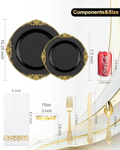 Nervure 350PCS Black Plastic Plates - Black Plastic Dinnerware Sets for 50 Guests - 100 Disposable Plates, 150 Gold Silverware, 50 Cups, 50 Napkins for Wedding & Party & Graduation & Retirement - color: Black