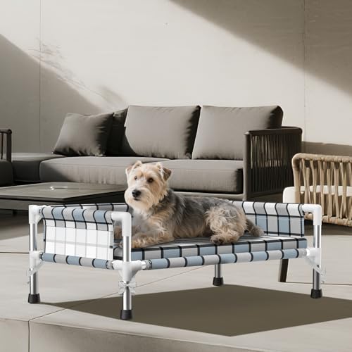 Elevated Raised Outdoor Dog Bed - Cooling Washable Dog Cot with Guardrail, Durable & Breathable Cotton Mesh Pet Hammock Beds with Stainless Steel Pipe Frame for Small Pets (Cushion-(M-)) - size: Cushion-(M-)