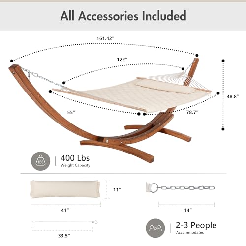 ANOW Heavy Duty Curved Wood Arc Stand with 2 Person Hammock, 13.5FT Larch Wood Stand with 2 Chains, 4 Balance Ropes and 4 Carabiners, Includes Cream Hammock with Spreader Bars - color: Cream-quilted