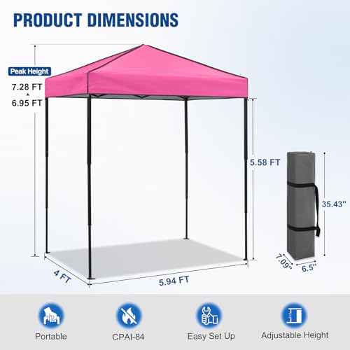 6x4 Pop Up Canopy Tent, Instant Portable Beach Canopy, Outdoor Tent with Carry Bag for Camping, Sports, Tailgating, Events, Pink - color: Pink, size: W/O Wall