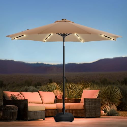 wikiwiki 10FT Solar Led Patio Umbrella with Base Included, 32 LED Lights, 8 Sturdy Ribs, Fade Resistant Waterproof POLYESTER DTY Canopy for Garden, Lawn, Deck, Backyard & Pool, Tan - color: Tan, size: 10FT