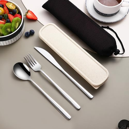 VANRA 3-Piece Portable Travel Utensils Set with Case 18/8 Stainless Steel Flatware Set Reusable Cutlery Set with Fork Spoon Knife for Lunch Travel Camping School Work Picnic (Silver) - color: Silver, size: Fork Spoon Knife