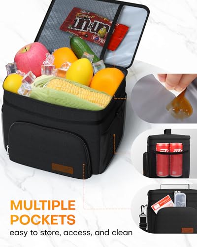 HOTOR Insulated Lunch Box for Men & Women - Leak-Proof Cooler Lunch Bag with 4 Pockets, Adjustable Strap, Ideal for Work, Picnic, Travel - Large, Black, 13.0"×7.9"×9.1" - color: Black, size: 15l - 1 Tier