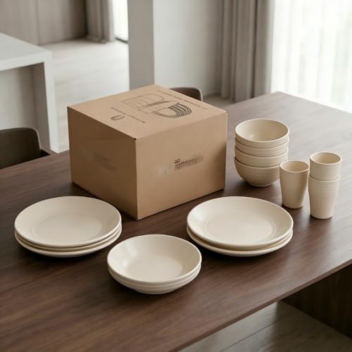 16 Pieces Plates and Bowls Sets for 4,Reusable Dishwasher Safe,Unbreakable Wheat Straw Dinnerware Sets of Dishes for Camping,Party,Outdoor Kitchen and RV Essentials(Beige) - color: Beige