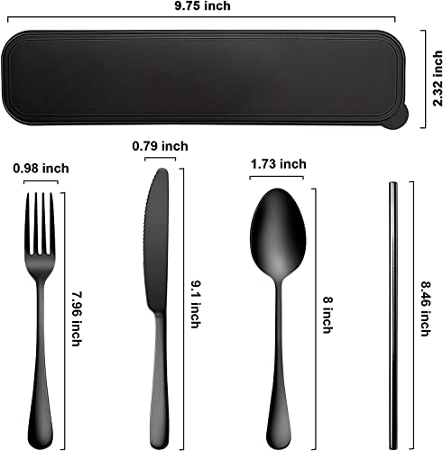 Portable Utensils Set with Case,Reusable Office Flatware Set,Healthy Travel Cutlery Set 4 PCs Stainless Steel Knife Fork Spoon Straw Cutlery Ideal for Travel, Lunch Box and Camping (Black-4 PCs) - color: Black - 4 PCs