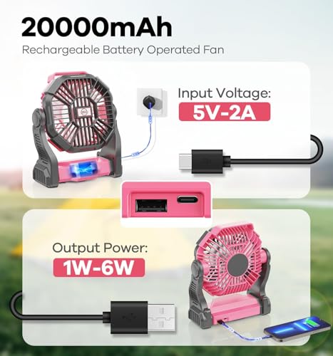 DOWILLDO 20000mAh Portable Battery Powered Camping Fan - with LED Light, Quiet Battery Operated, Camping Gear for Travel, Tent, Beach, Car or Hurricane Power Outages, Pink - color: Pink, size: 20000mAh