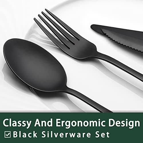 EWFEN 24-Piece Black Silverware Set with Steak Knives, Black Flatware Set for 4, Food-Grade Stainless Steel Tableware Cutlery Set, Mirror Finished Utensil Sets for Home Restaurant, Square Edge - style: Square Edge