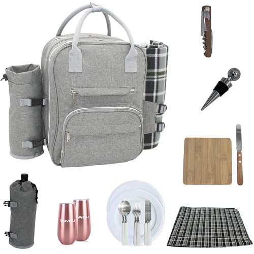 Truvelli Picnic Backpack for 2 with Blanket – 12-in-1 Insulated Picnic Basket Backpack Set with‬ Wine Holder, Cutlery & Cheese Board – Luxury Picnic Back Pack for Couples, Outdoor‬ Adventures, Gray - color: Gray