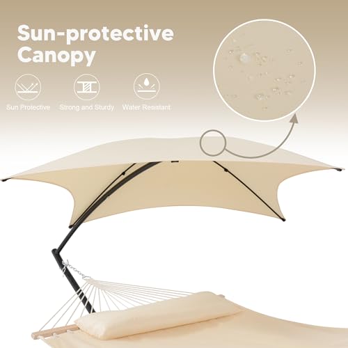 SUNCREAT Portable Outdoor Hammock with Stand, Sun-Protective Canopy, Double Hammock with Stand for Outside, Patent Pending, Beige - color: Beige