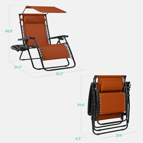 Best Choice Products 30” Wide Folding Zero Gravity Outdoor Recliner Patio Lounge Chair w/Adjustable Canopy Shade, Headrest, Side Accessory Tray - Burnt Orange - color: Burnt Orange, size: Oversized Extra Wide