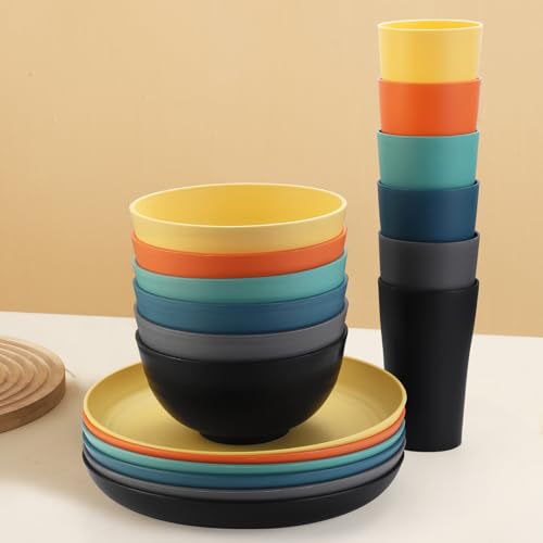 Wheat Straw Dinnerware Sets - SANLUNS 24 Piece Unbreakable Dinnerware Sets, Reusable Wheat Straw Plates and Bowls Sets, Travel Camping Cutlery Set, Dishwasher Microwave Safe Dinnerware Colourful - color: Forest Undercurrent, size: 24piece Wheat Straw Dinn