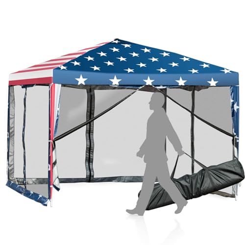 Tangkula 10x10 Ft Pop Up Canopy with Netting, Easy Up Canopy with Mesh Sidewalls, Carrying Bag, Adjustable Height, American Flag Outdoor Canopy with 100 Square Feet of Shade for Backyard, Lawn - color: Mix