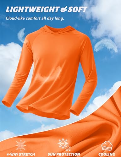 KEFITEVD Men's Sun Protection UPF 50+ Hoodie Shirts Long Sleeve Swimming Fishing Shirt SPF UV Quick Dry Rash Guards - color: Orange, size: Large