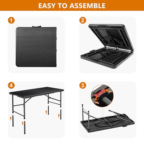 4 Ft Plastic Folding Table,Heavy Duty Portable Table for Indoor & Outdoor,Wood Grain Desktop & 350lbs Weight Capacity,Premium Solutions for Camping,Picnic,BBQ and Party - size: 4 ft (1-Pack) - Black
