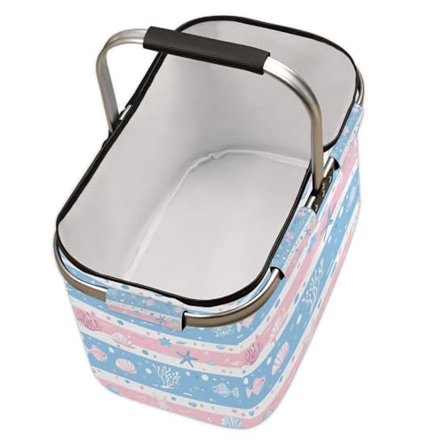 Nautical Picnic Basket Stripe Ocean Large Collapsible Market Baskets Portable Reuasble Shopping Bags with Handles for Camping Beach Travel - color: Multi C