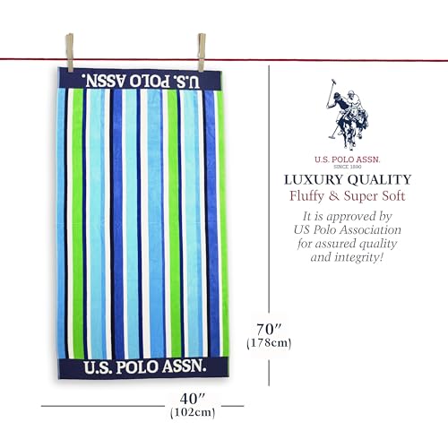 U.S. Polo Assn. Oversized (40” x 70”) Striped Nautical Design Beach Towel - Luxury Plush Cotton Hotel Quality for Bath, Pool - Myrtle Stripe - color: Green/Blue, size: 40" x 70"