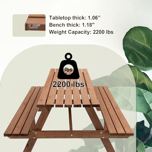 Outdoor Wooden Picnic Table with Benches and Umbrella Hole, Rustic Style Lifetime Picnic Table Bench Set for 6 or 8 Person for Backyard, Porch, Patio, and Deck, Brown - size: Rectangle-6person