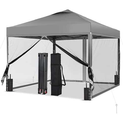GDY 10x10 Pop up Canopy Tent with Mosquito Netting, Easy up Gazebo for Patio, Camping and Garden, Includes 4 Sandbags, Gray - color: Gray, size: 10x10 with Mosquito Netting