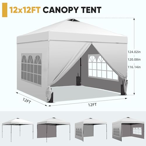 GDY 12x12 Pop Up Canopy Tent with 4 Sidewalls, Easy Set up with One Push Lift Gazebo with Wheel Bag and4 Sandbags,Carpas for Events, Parties,Camping, White. - color: White, size: 12x12