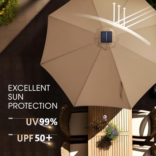 wikiwiki 11FT Solar Led Patio Umbrella with Base Included, 32 LED Lights, 8 Sturdy Ribs, Fade Resistant Waterproof POLYESTER DTY Canopy for Garden, Lawn, Deck, Backyard & Pool, Tan - color: Tan, size: 11FT