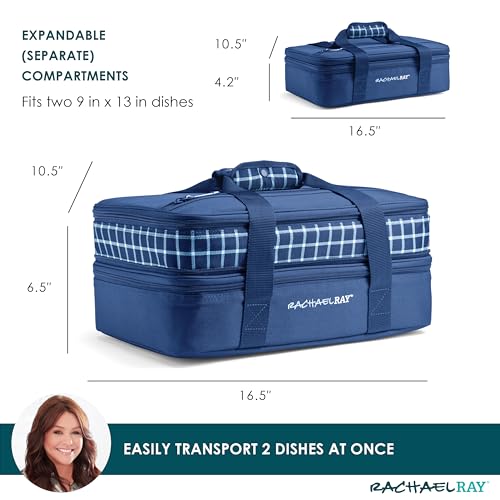 Rachael Ray Expandable Insulated Casserole Carrier for Hot or Cold Food, Thermal Lasagna Lugger Tote for Potluck, Parties, Picnic, and Cookouts, Fits 9" x 13" Baking Dish - color: Blue Gingham