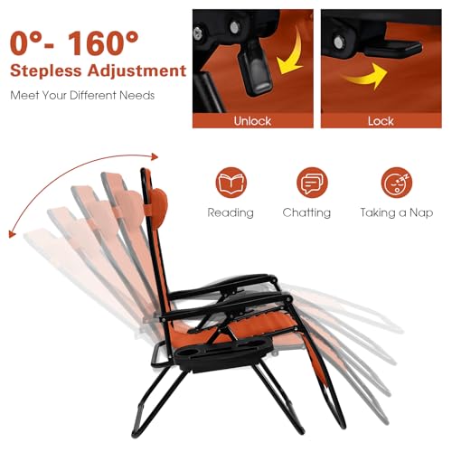 Goplus Zero Gravity Lounge Chairs, 160°Adjustable Folding Recliner w/Pillow and Cup Holder, 350LBS Comfy Outdoor Lounge Chairs for Patio, Lawn, Yard & Camp(1, Orange) - color: Orange, size: 35.4" x 25.2" x 43.3" (Set of 1)