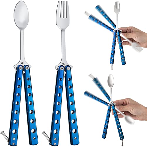Flutesan 2 Pcs Butterfly Fork and Spoon Set, Folding Stainless Steel Fork Tactical Butterfly Spoon for Travel BBQ Kitchen Camping Hunting(Blue) - color: Blue