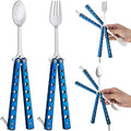 Flutesan 2 Pcs Butterfly Fork and Spoon Set, Folding Stainless Steel Fork Tactical Butterfly Spoon for Travel BBQ Kitchen Camping Hunting(Blue) - color: Blue