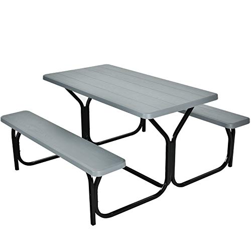Giantex Picnic Table Bench Set Outdoor Camping All Weather Metal Base Wood-Like Texture Backyard Poolside Dining Party Garden Patio Lawn Deck Furniture Large Camping Picnic Tables for Adult (Gray) - color: Grey, size: 4.5FT