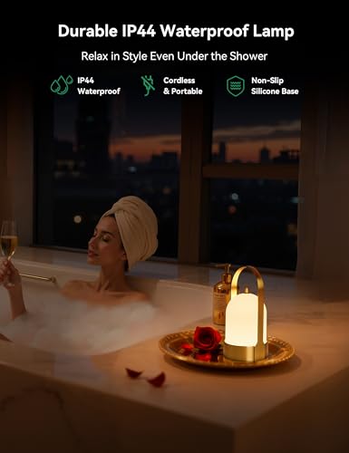 Tubicen Rechargeable Table Lamp Waterproof Outdoor Lantern Portable 4000mAh Battery Operated Camping Lamp Brass 4-Level Touch Dimmable Cordless Outdoor Table Lamp for Bedroom Bathroom Patio Balcony - color: Brass/Waterproof