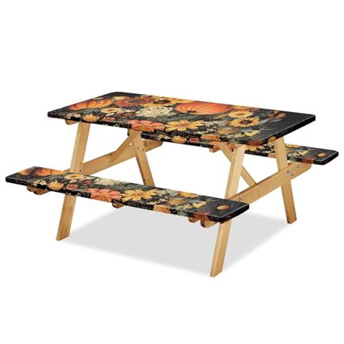 Fall Picnic Table Cover for Outdoor Camping Pumpkin Sunflower Elastic Fitted Table Cloth for Camping Party Supplies 3 PCS Set - color: Pumpkin Sunflower, size: Small