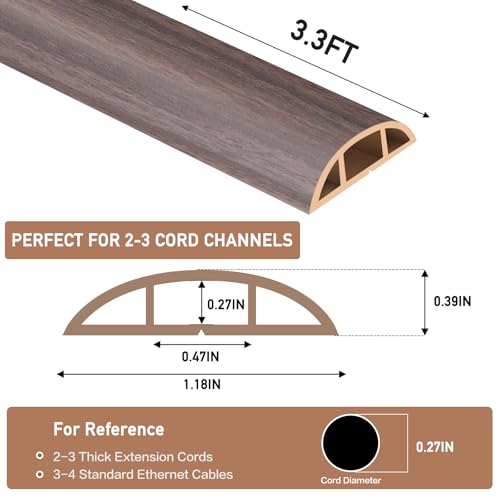 Floor Cord Cover Self Adhesive Cord Hider Floor Extension Cord Covers for Floor Power Cord Protector Cable Management Prevent Cable Trips Cable Cavity 0.47" W x 0.27" H (Brown Walnut Wood, 3.3Ft) - color: Brown Walnut Wood, size: 1.18" x 3.3'