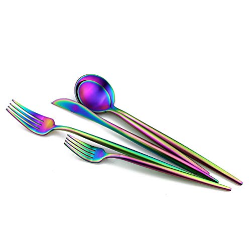 Matte Rainbow Silverware, Gugrida 5-Piece 18/10 Stainless Steel Flatware Set, Satin Finish Kitchen Utensils, Tableware Travel Cutlery for Camping, Office or School Lunch, Dishwasher Safe - color: Rainbow, size: Service for 1